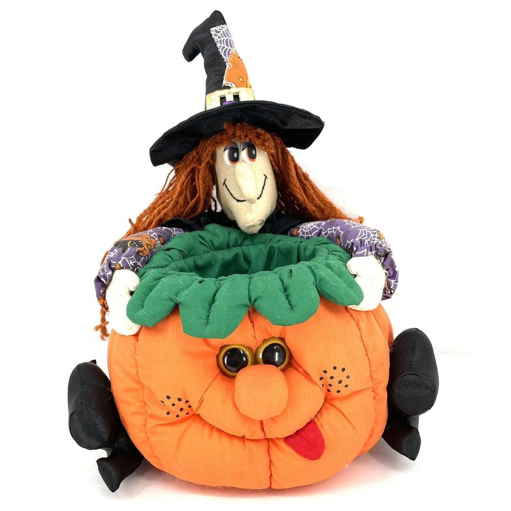 Vintage 1990s Nylon Wicked Witch Holding Pumpkin Halloween Planter Candy Dish